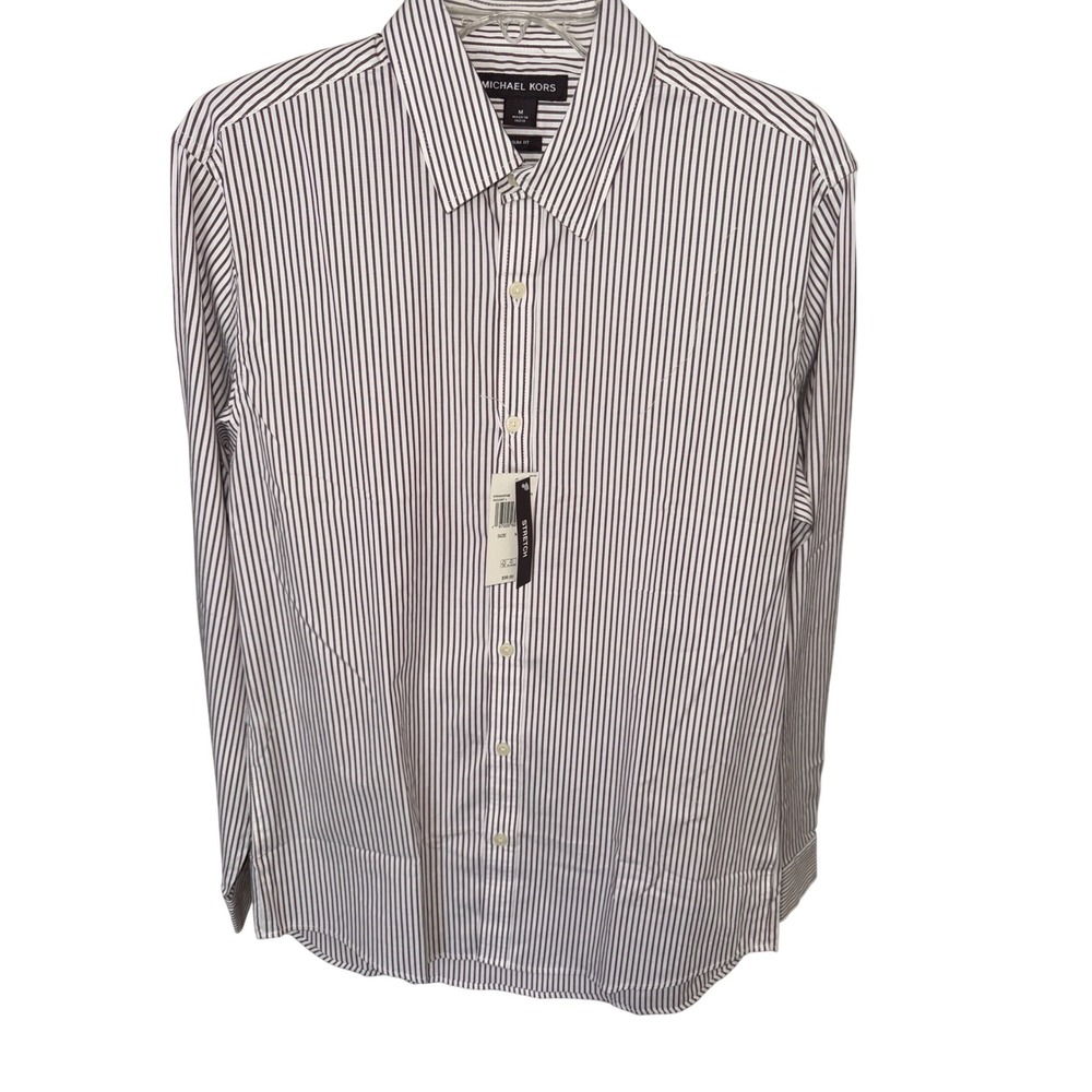 Michael Kors Shirt Mens M White Browm Striped Tailored Slim Fit Shirt Stretch
